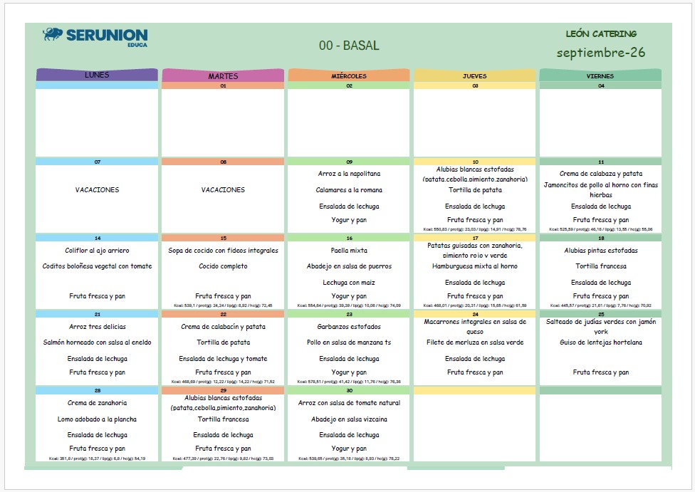Menú basal septiembre 2026 Menú basal septiembre 2026