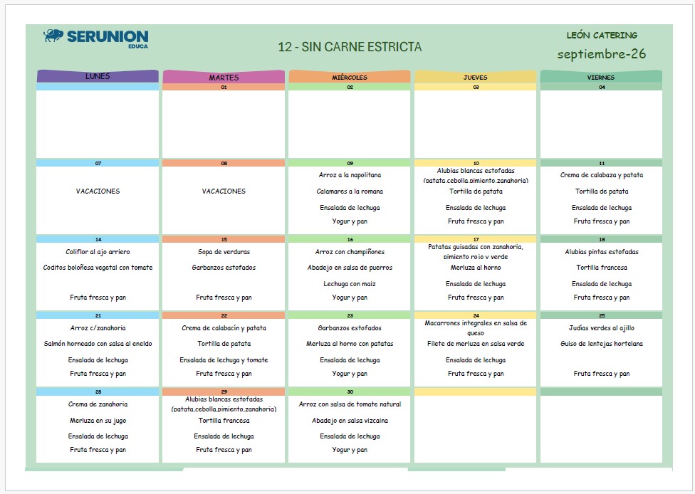 Menú sin carne septiembre 2026